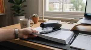Close-up of a budget desk stapler effortlessly binding a thick stack of standard office paper.