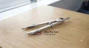 Metal school drawing compass fitted with a short pencil, drawing a precise circle on squared paper.