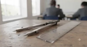 Durable metal compass and shatter-resistant plastic rulers included in a standard value geometry set for UK schools.