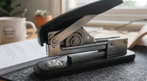 Detailed view of the robust internal metal mechanism inside a cost-effective desk stapler.