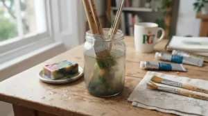 Rinsing paint brushes in a jar of water to demonstrate easy maintenance.