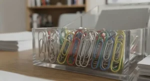 Sustainable, eco-friendly metal paper clips for office use in a professional setting.