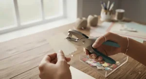 A crafter using an ergonomic single-hole punch to add tags to a handmade birthday card.