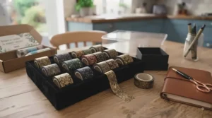 Elegant washi tape sets featuring metallic gold foil accents on dark background rolls.