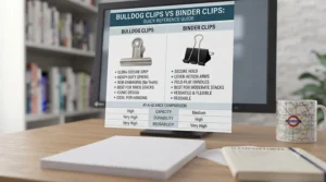 Bulldog clips being used creatively to hang art prints and calendars on a wire grid noticeboard.