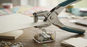 Close-up of a heavy-duty hole punch creating clean circular cuts in thick cardstock for handmade memory books.