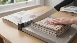 A heavy-duty craft paper trimmer cleanly slicing through thick cardstock and photograph paper simultaneously.