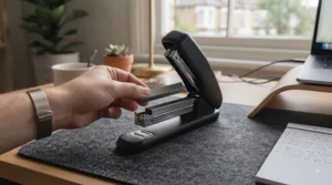 Hands reloading standard staples into an affordable office desk stapler.