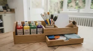 A neatly organised storage caddy filled with various colours of poster paint and crafting supplies.