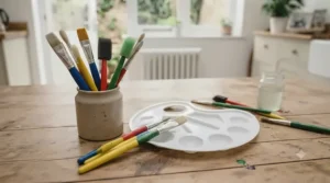Assorted children's paintbrushes and a mixing palette ready for a creative kids' painting activity.