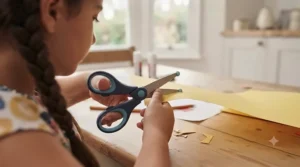 Young pupil using left-handed craft scissors during an arts and crafts lesson.