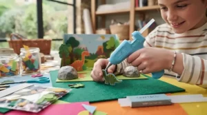 A child-safe, low-temperature glue gun for crafts and school art projects on a colourful table.
