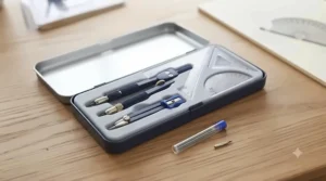 Complete maths geometry set packed in a sturdy metal tin, featuring a protractor, set squares, and ruler.