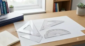 Transparent 45-degree and 60-degree set squares alongside a protractor for precise angle measurement in student technical work.