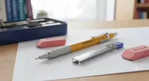Fine-line mechanical pencil with spare leads and a precision eraser for technical sketching and design technology projects.