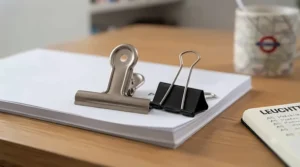 Close-up of a traditional silver metal bulldog clip showing its rigid wire handles and heavy-duty spring mechanism.