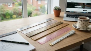 A selection of metal, wooden, and plastic rulers laid out side-by-side to compare materials and common stationery types used in the UK.