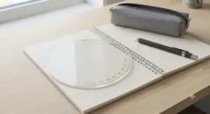 Close-up of a plastic circle stencil showing clear metric measurements in millimetres for accurate technical drawing.