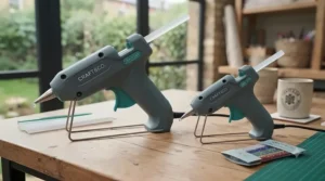 Side-by-side comparison of mini and full-size glue guns for crafts on a studio workbench.