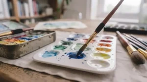 Mixing vibrant watercolours on a ceramic palette using a damp brush from a watercolour paint set.