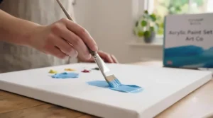 Close-up of a beginner artist applying bright acrylic paint onto a stretched canvas using a fine-detail brush from a starter set.