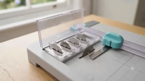Storage compartment showing interchangeable decorative cutting blades, including scoring and perforating options.
