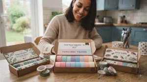 Close-up of minimalist pastel washi tape sets featuring floral and geometric patterns.