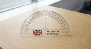 Transparent 180-degree protractor positioned over a notebook for measuring angles in secondary school geometry.