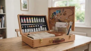 A compact and neatly packed acrylic paint set case, ideal for storing art supplies and carrying to local art classes.