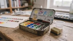 Compact pocket watercolour paint set with a mini brush, ideal for outdoor painting and urban sketching.