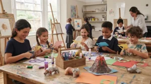 Primary school children using child-friendly craft scissors in a UK classroom art class.