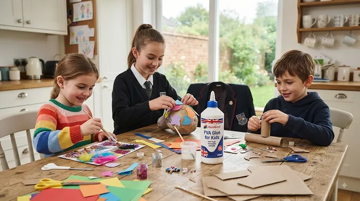 Children in a UK classroom enjoying creative arts and crafts using safe, washable PVA glue. PVA glue for kids crafts
