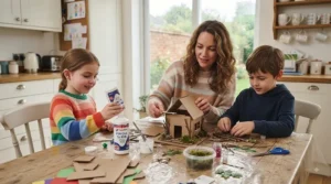 Parent and child crafting together on a rainy afternoon at home using non-toxic PVA glue.