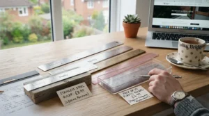 A stainless steel ruler resting on a wooden desk, highlighting its recyclability and eco-friendly credentials compared to disposable plastic stationery.