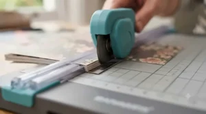 Close-up view of a rotary safety blade cutting through multiple sheets of coloured cardstock for memory book layouts.