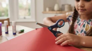Close-up of children's craft scissors featuring rounded safety tips to prevent injuries.