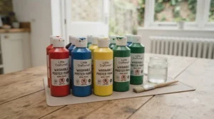 Safe, child-friendly poster paint bottles featuring non-toxic symbols suitable for toddlers and young children.