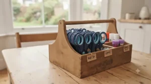Classroom storage caddy filled with colourful safety craft scissors for kids.
