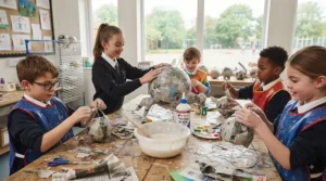 Primary school pupils working on a colourful papier-mâché project using child-friendly PVA glue.
