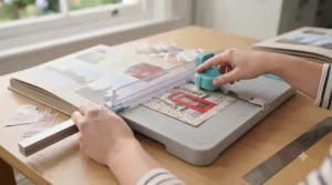A crafter using a tabletop paper trimmer to trim photographs and patterned paper for a handmade scrapbook album.