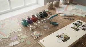 Flat lay of scrapbooking essentials including scissors, colourful papers, twine, and a central hole punch.