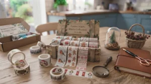 Festive washi tape sets featuring winter foliage and seasonal UK holiday motifs.