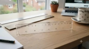 Close-up of a stainless steel ruler being flexed, demonstrating its resistance to snapping compared to more brittle plastic alternatives.