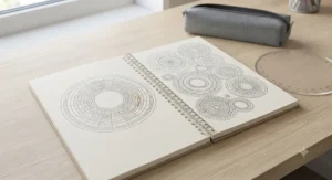 Essential stationery including a multi-size circular drawing ruler on a lined student notebook.