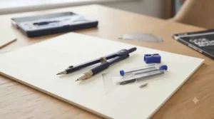 Affordable student drawing compass kit including a tube of spare mechanical leads and replacement parts.