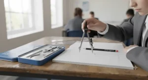 A secondary school student using the compass from a value geometry set to draw precise circles in an exercise book.