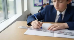 A British secondary school student using a transparent ruler and protractor to complete a geometry worksheet in class.
