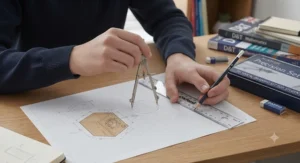 A student using the technical drawing set to draft architectural and product design plans for GCSE Design and Technology.