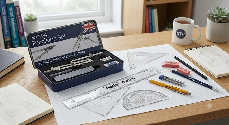 Complete technical drawing set for students featuring compasses, set squares, and a ruler on a desk, ready for UK GCSE and A-Level coursework. technical drawing set for students