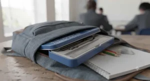 A sturdy metal tin case keeping a value geometry set for school safe and organised inside a school backpack.